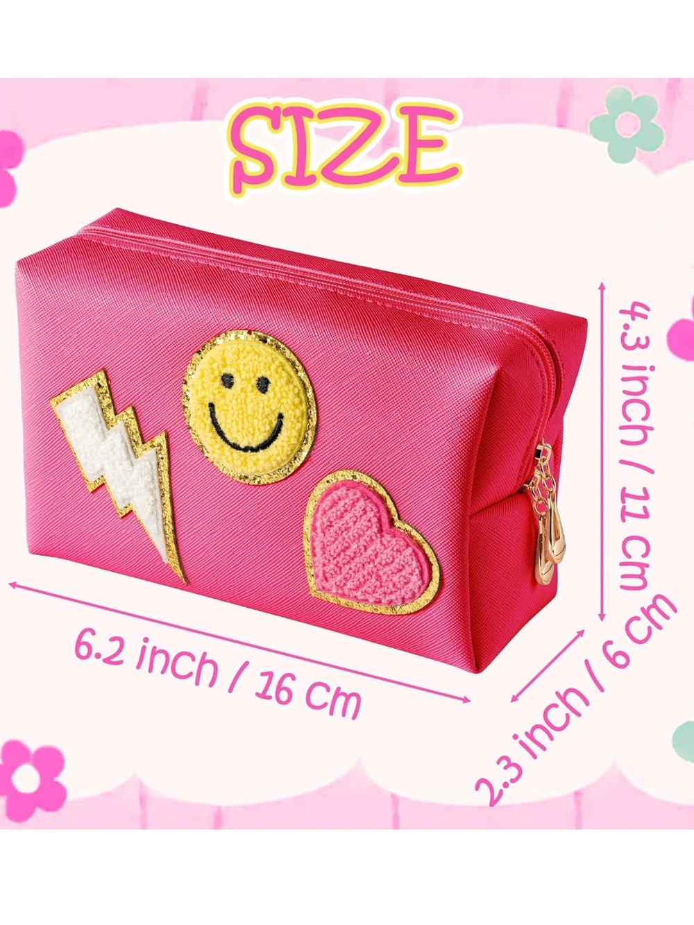PREPPY Cosmetic Bag Hot Pink/Rose Red Smiley & Heart Appliqué Pouch Waterproof - Picture 4 of 7